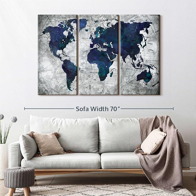 ElephantStock Deep Blue World Map Multi Piece Canvas - 3 Panel Wall Decor - Map of the World Art - Canvas for the Office and Home - 57" X 36"