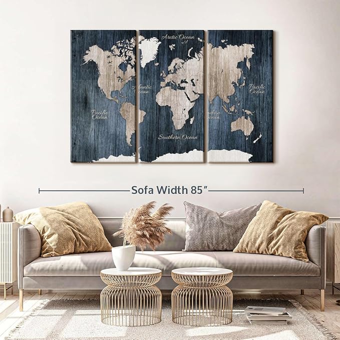 ElephantStock Aged Blue World Map I Canvas - 3 Panel Wall Decor - World Map Digital Art - Blue Wall Art - 65" X 42"