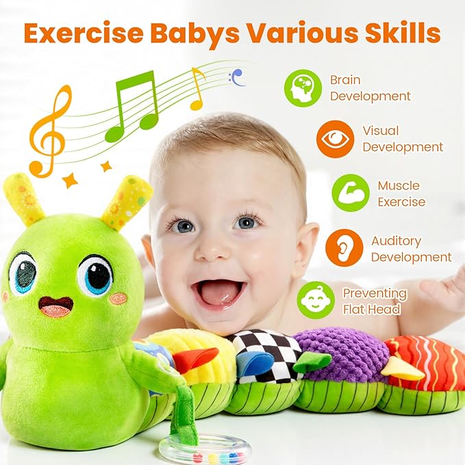 Baby Toys 0-6 Months, Washable Baby Musical Caterpillar Toys with 10 Children's Songs,Rattles,Teething Toys,Suitable for 0-6, 6-12 Months Infant Tummy Time Toy,Newborn Baby Boy&Gril Toy(Green)