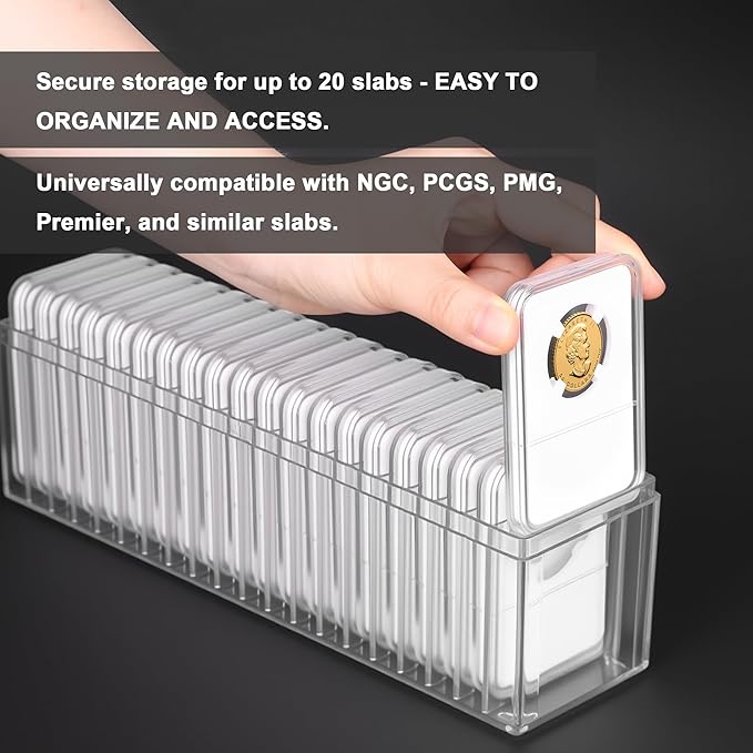 Plastic Coin Slab Storage Box – 20-Slot Coin Holder Organizer Case Fits for PCGS NGC PMG PCCB Slabs, Secure Coin Collection Box for Collectors, Home, Office, Bank Use (Box Only, Clear)