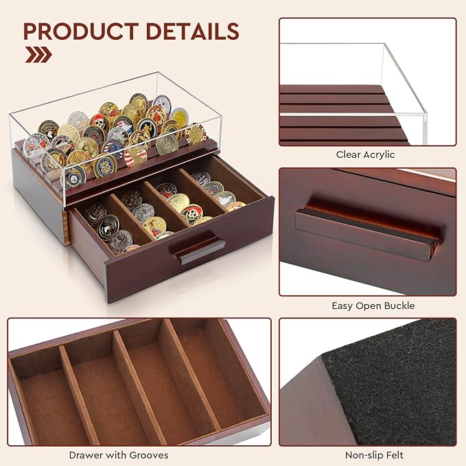 Challenge Coin Display Case, Military Coin Collection Holder with Wooden Coin Box, Drawers, and Clear Acrylic Lid – Gifts for Coins Collectors (6 Rows)