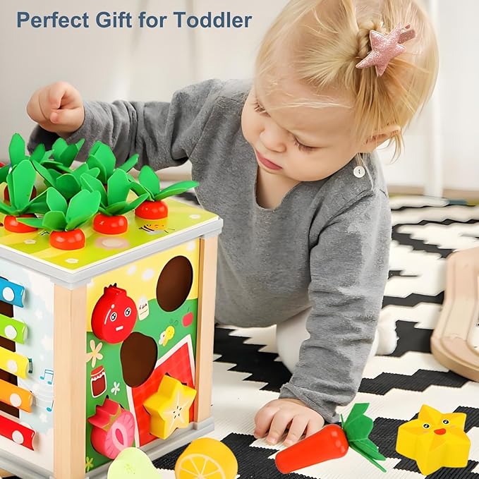 Wooden Baby Activity Cube,Montessori Developmental Toddler Educational Learning Toys, Sorting & Stacking Game