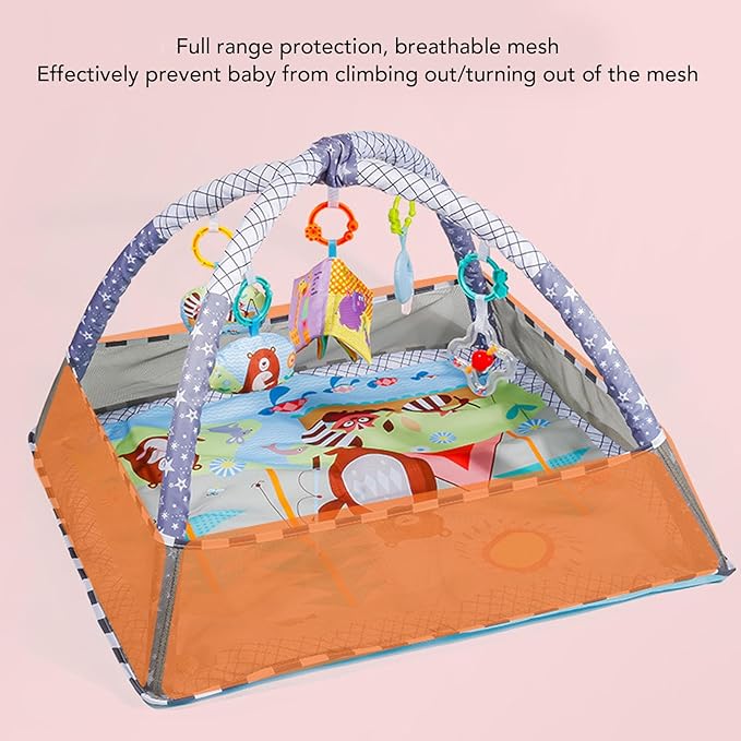Baby Gym Play Mat, Cotton Playmats & Floor Gyms Portable Tummy Time Mat with 20Pcs Soft Ocean Balls Hanging Toys, Baby Mats for Floor Play