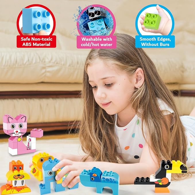Building Blocks Set for Toddlers, Creative Large Building Bricks, Toy Animals Building Kit, Preschool Learning Educational Toys for Kids Boys Girls Gifts for 3+ Years Old (122 Pieces)