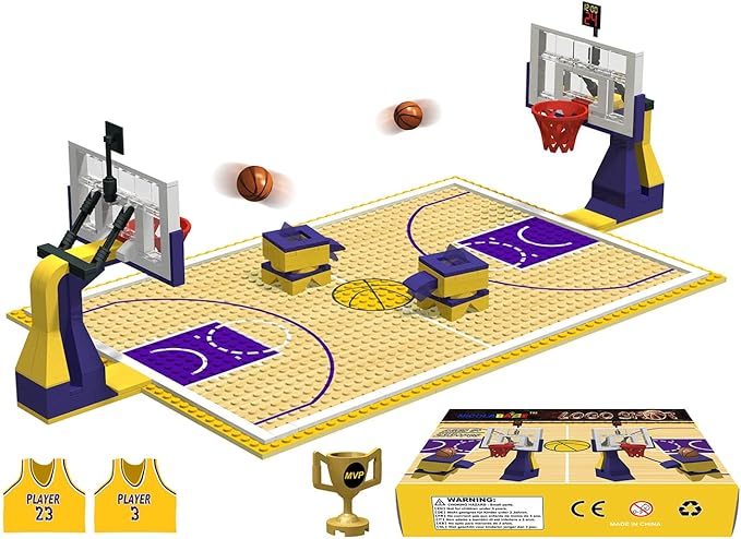 Building Blocks - Basketball Court Baseplates and Sets of 2 Basketball Hoop Basketball Goal Building Bricks for Basketball Game - Compatible with Major Brands (Basketball Playset/Yellow)