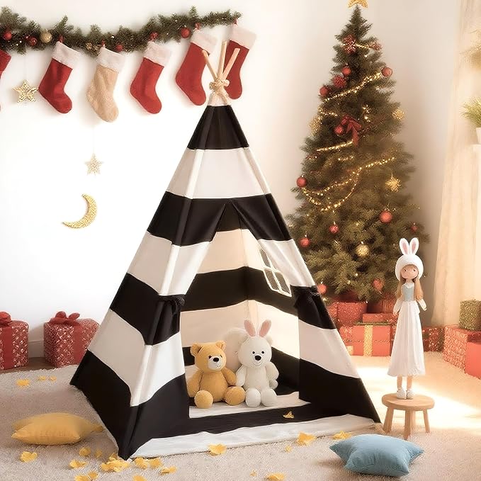 Teepee Tent for Kids with Carry Bag, Washable Playhouse for Indoor Use, Ideal Play Tent for Girls and Boys, Stripe Black
