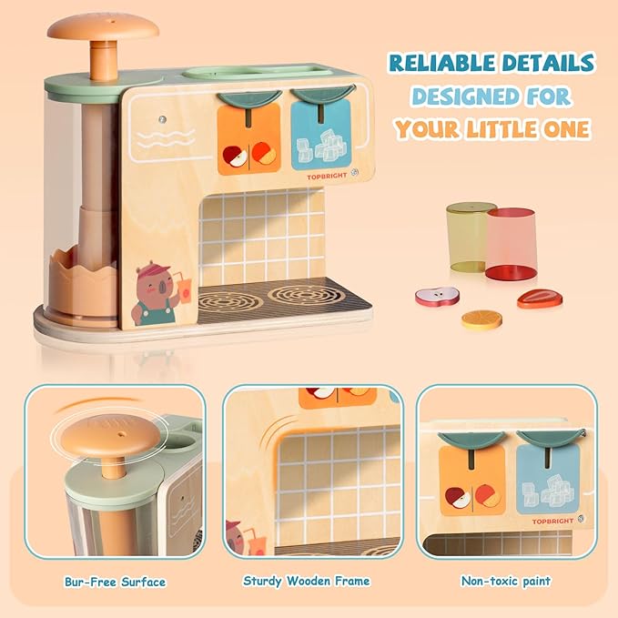 Top Bright Drink Dispenser Kids Play Kitchen Accessories, Pretend Play Toys Food with Sounds Effects, Wooden Kitchen Playset for Toddlers 3+