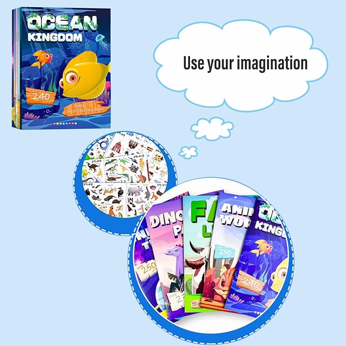 Sticker Book for Kids, Set of 5, 1310+ Dinosaure Animal Stickers & 40 Scenes Reusable Activity Sheet, Seek and Find Coloring Pad, for Boys Girls Toddlers Ages 2-4 4-8 Years Old 3-5 6-7