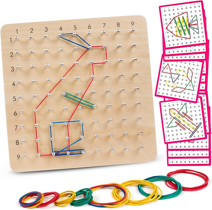 Skrtuan Wooden Geoboard with Pattern Cards & Rubber Bands, Montessori STEM Educational Toy for Kids 3-5 5-8 Years Old, Brain Teaser Puzzle Game for Geometry Learning and Creative Shapes