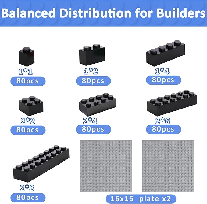 560 Pieces Black Classic Building Blocks Bulk with 2 Base Plates, Building Bricks in 7 Size, Compatible with All Major Bricks, for Kids & MOC Lovers