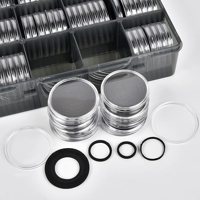 84 Pieces 46 mm Coin Capsules, with Foam Gasket and Plastic Storage Organizer Box, Coins Holder Collector Case for Coin Collection Supplies 7 Sizes (16/20/25/27/30/38/46mm)-Gray Case+Black Gasket