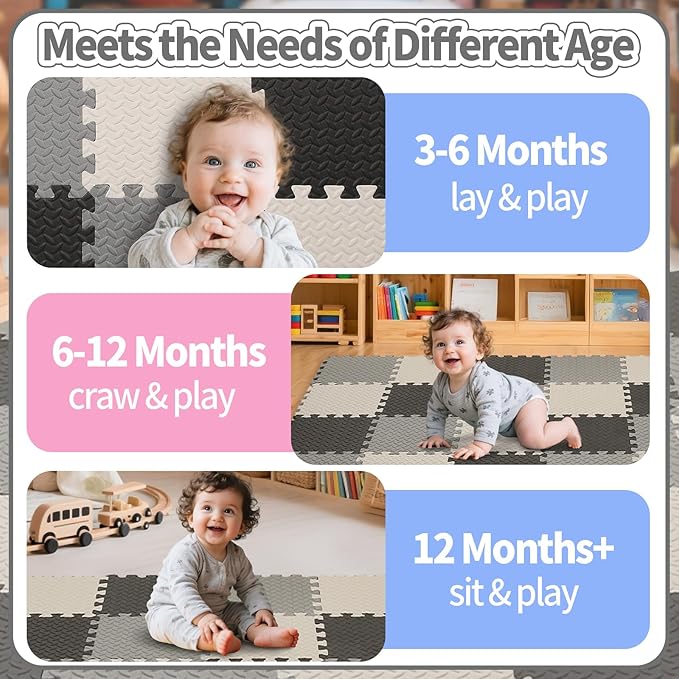 Foam Play Mat for Baby, 0.4 Inch Thicked Interlocking Floor Mats with Solid Colors, Soft Non-Toxic Baby Playmat, EVA Foam Playmat Foam Mats for Toddlers, 16 Tiles(White/Black/Gray)