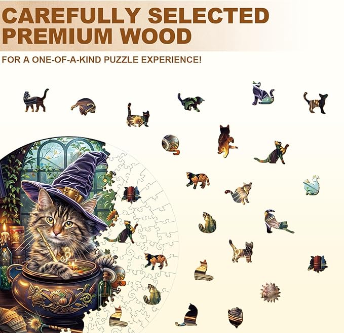 KAAYEE Wooden Puzzles for Adults, Magic Feline Cat Wooden Jigsaw Puzzle 450 PCS Unique Shape Wood Puzzle Adult, 3D Effect Flat Puzzle Birthday Family Game (XL-17.3 * 17.3in)