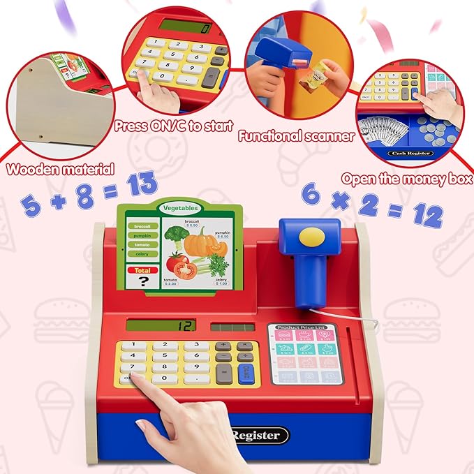 Wooden Cash Register for Kids with Real Calculator, Rechargeable Cash Register Toy with Scanner/Play Money/Food/Credit Card/Menu, Pretend Play Toys Gifts for Boys Girls Ages 3-8, Blue