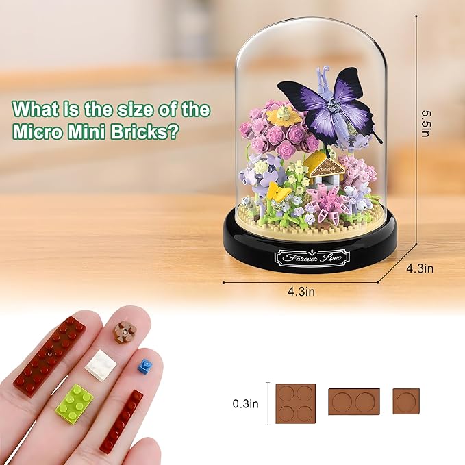 HI-REEKE Flower Butterfly Bouquet Building Block Set, Micro Mini Botanical Building Toy for Women-582 PCS