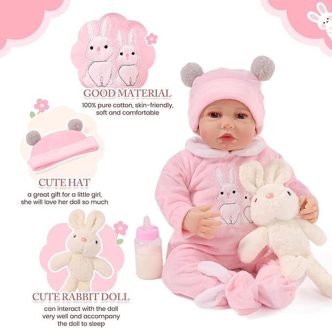 BABESIDE 8 Pcs Reborn Baby Doll Clothes with Bassinet for 17-22 Inch Baby Dolls, Baby Dolls Clothes Doll Accessories Set with Bunny Toy for Newborn Baby Dolls Girl (Not Doll)
