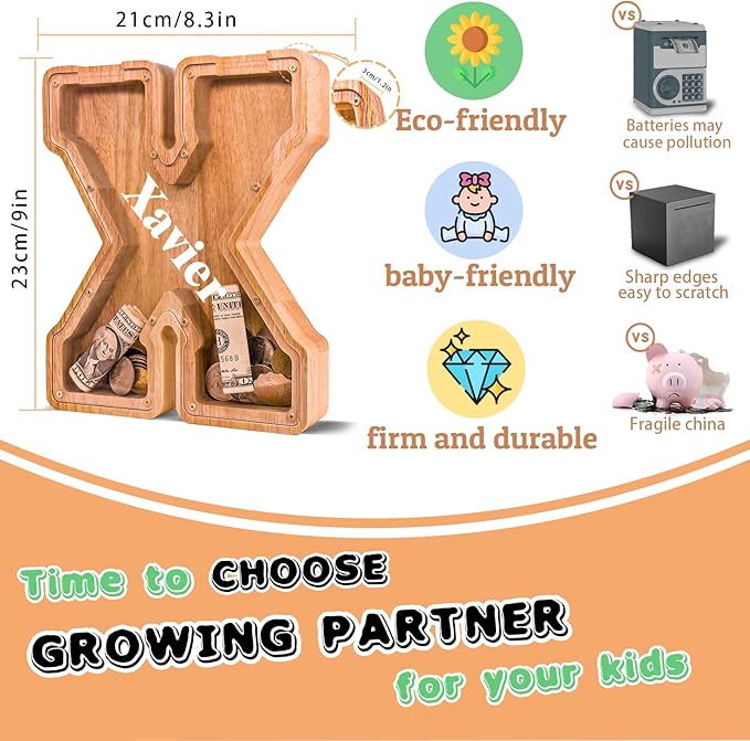 Wooden Letter Piggy Bank for Kids Larger Letter Piggy Bank for Boys and Girls Personalized Piggy Bank Initial Coin Bank Wood Kids Money Bank for Birthday and Festival