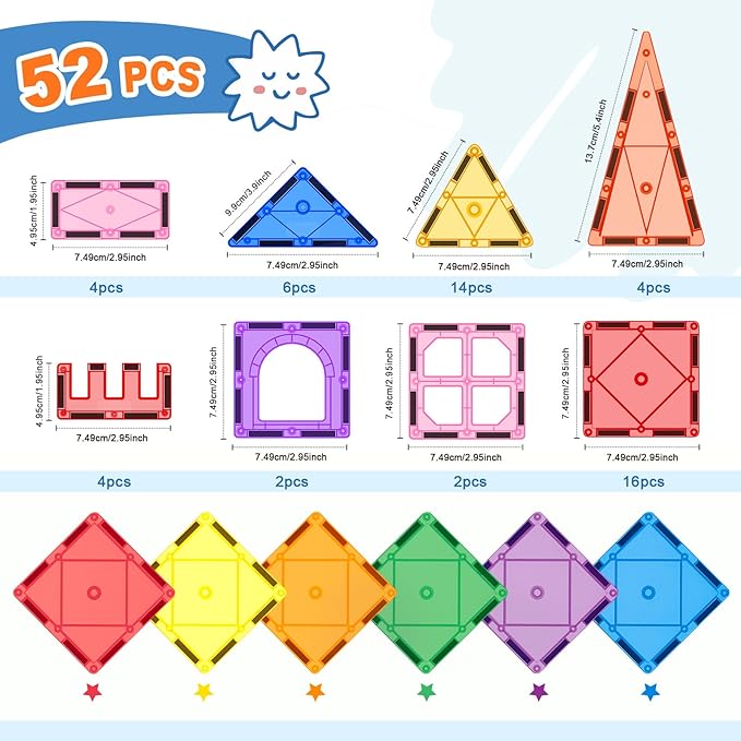 52PCS Magnetic Tiles Toys for 3 Year Old Boys and Girls Magnetic Building Blocks STEM Learning Toys Sensory Montessori Toys for Toddlers Kids