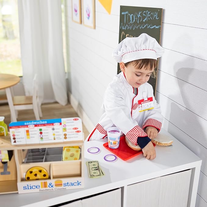 Melissa & Doug Slice-Stack-Serve, Wooden Sandwich Counter Pretend Play Store with Play Food Toys, Play Money & Deli Slicer, Preschool Toys for Kids 3+