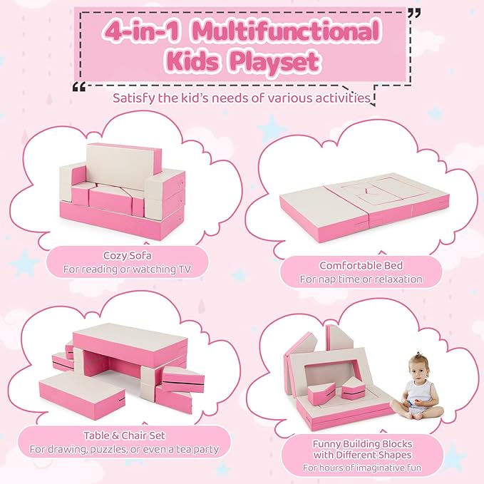 Costzon Climb and Crawl Foam Set, 4-in-1 Convertible Furniture Into Toddler Bed, Sofa, Table, Activity Play Blocks, 8-Piece Lightweight Colorful Interactive Set for Baby and Preschooler (Pink)