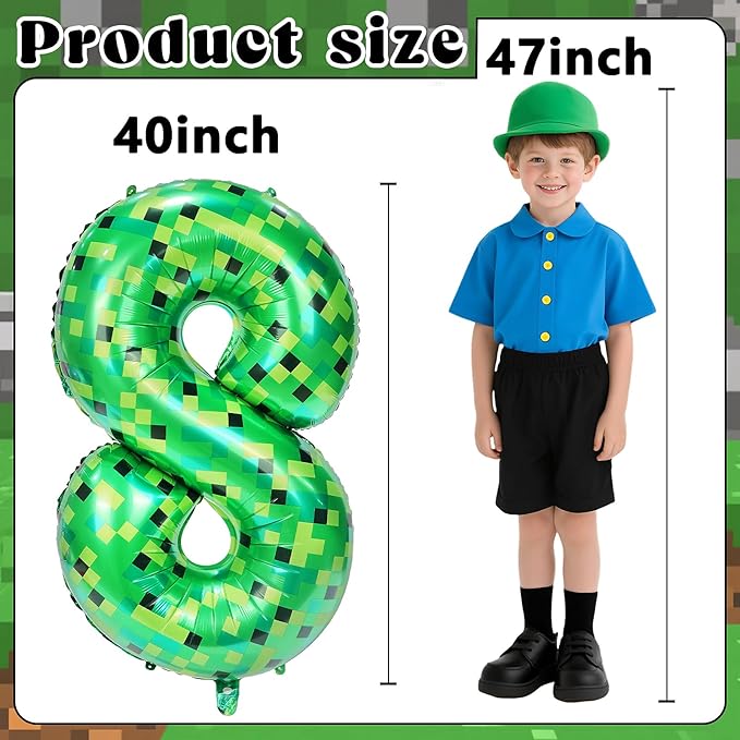 40in Pixel Giant Number 8 Balloon Birthday Decorations, Miner Theme Green Foil Balloons Blast Gaming Party Supplies