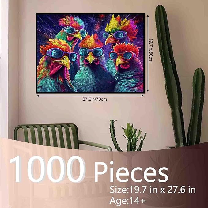 Tucocoo Roosters with Sunglasses Art Jigsaw Puzzle 1000 Pieces Puzzles for Adults, Rave Party Funny Chickens Jigsaw Puzzles for Challenging Family Activity Games Colorful Puzzle for Home Decor Gifts