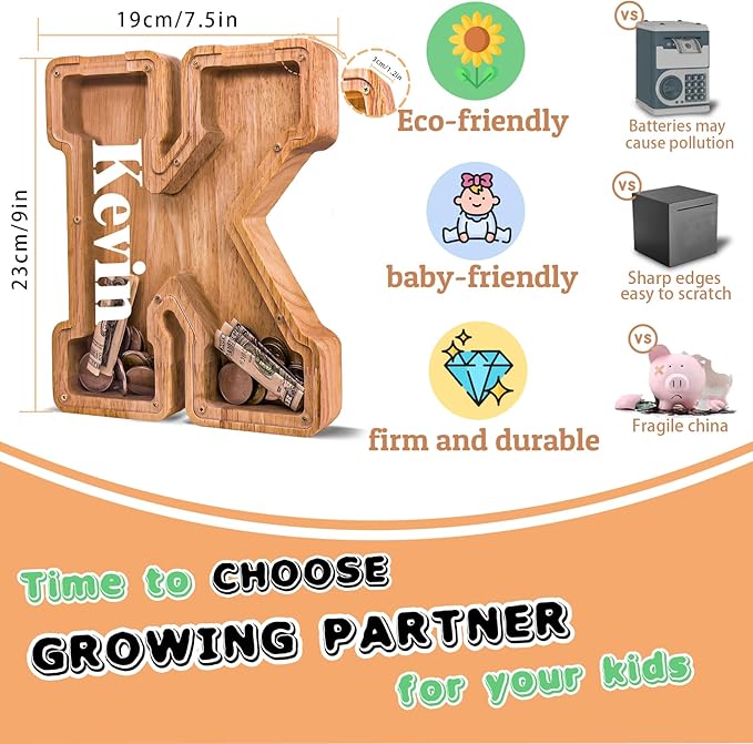 Wooden Letter Piggy Bank for Kids Larger Letter Piggy Bank for Boys and Girls Personalized Piggy Bank Initial Coin Bank Wood Kids Money Bank for Birthday and Festival