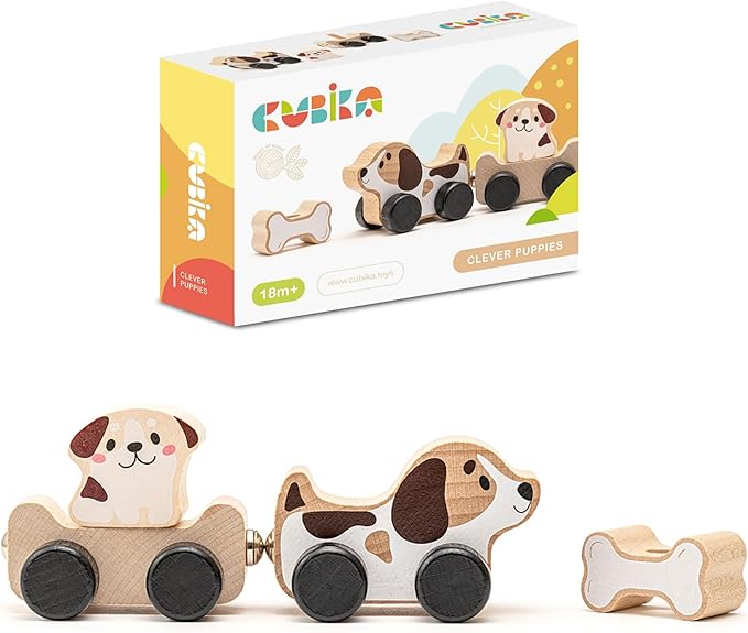 Cubika Wooden Clever Puppies Train Toy – Magnetic Dog-Themed Wood Toy Playset for Toddlers 18 Months+ – Montessori Toy for Fine Motor Skills and Imaginative Play