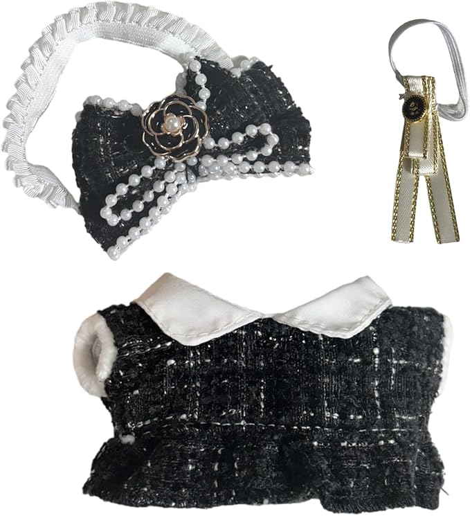 Clothes for 17cm Doll(Clothes Only)– 3-Piece Set Cute Elegant Outfit + Bow Headband + Collar Decoration for a Unique Dressed-Up Look– Fashion Handmade Accessories for Doll(Black)
