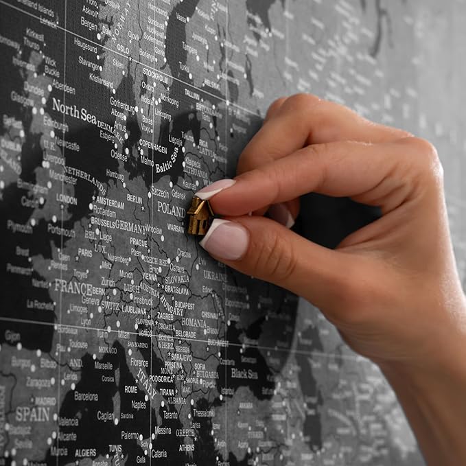 Canvas World Map with Cork Pin Board - English Lettering - Decorative Wall Decoration for All Rooms - Canvas Pictures with World Map Motif (70x50 cm, Pattern 7)