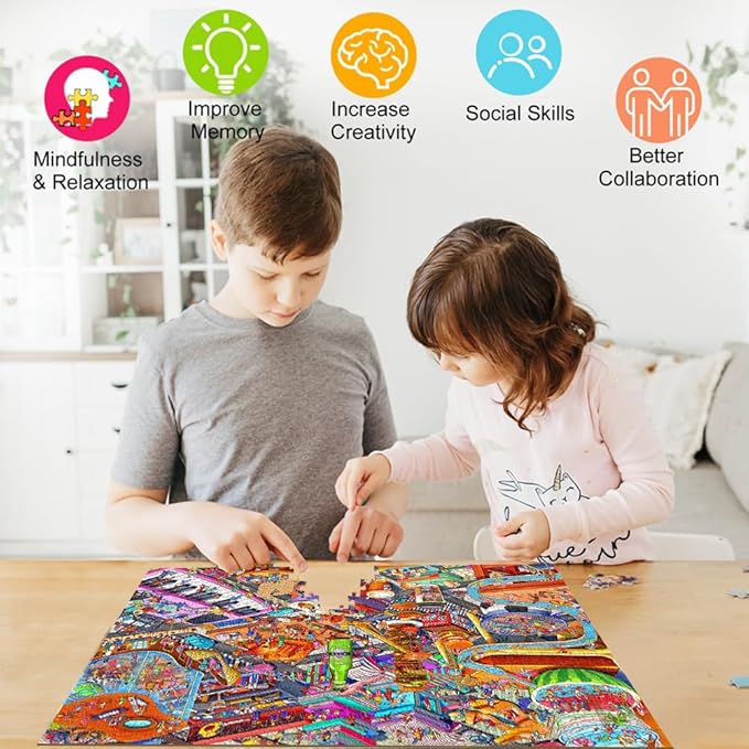 HUADADA Jigsaw Puzzles for Adults 1000 Piece Jigsaw Puzzles for Adults Challenging Game Puzzles with Letters on Back（Little People's World Party）