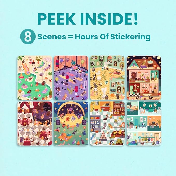 CUPKIN The Life of Busy Bugs Stickers, Toddler Sticker Book for Kids, Fun Bugs Toy, Toddler Road Trip Essentials, 300+ Girly Stickers + 8 Sticker Scenes and Coloring Pages, Bugs Stickers Ages 2+
