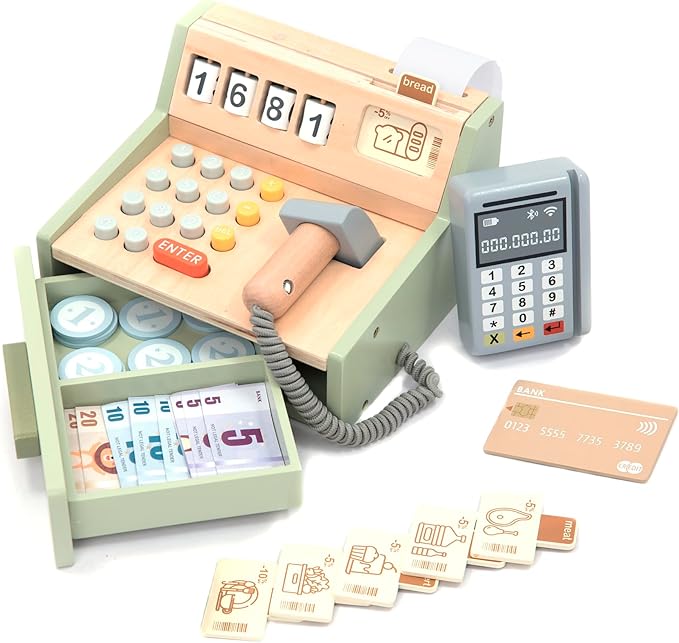 UMU® Wooden Cash Register for Kids - Includes Accessories (Scanner, Payment Terminal, Play Money, etc.), Role Play Shop & Accessories for Children Ages 3 4 5 6