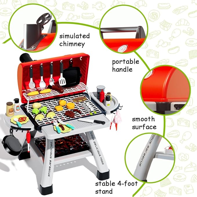 Barbecue Grill Toy Set, Kids BBQ Grill Playset with Smoke Sound Light Simulation Camping Cooking Interactive Toys Christmas Birthday Gift for Toddlers Girls Boys 2-6