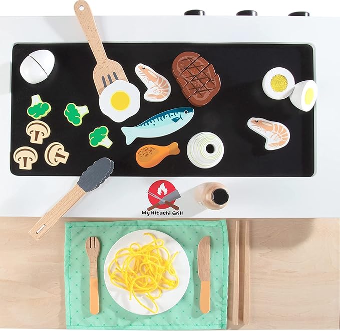 Hibachi Grill Wooden Kids Playset w Stools, Table Settings, 25+ Toy Food Pieces- Noodles Tongs Meats Veggies- Everything Little Chef Needs for Pretend Play, Indoor Japanese Restaurant Stand, Xmas Gift