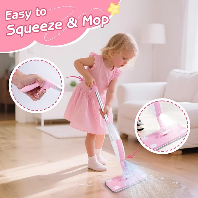 Kids Spray Mop Pink, Real Working Water-Spraying Toy, Montessori Mini Mop with 2 Microfiber Washable Pads, Toddler Cleaning Set for Floor, Christmas Birthday Gifts for Age 3 4 5 6 7 8