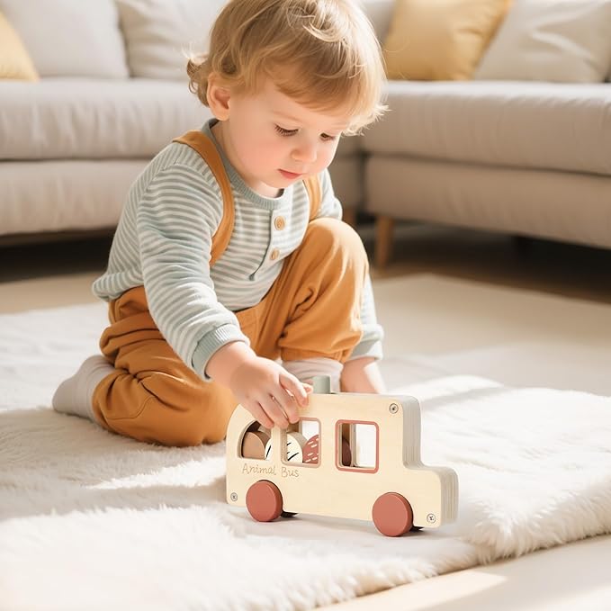 Wooden Animal Bus Toy with 3 Removable Animal - Shaped Discs, Designed with Pop Up, Roll and Ride Toy for Toddler Aged 3 Years and Up, Interactive Montessori Educational Toy for Toddlers' Daily Play