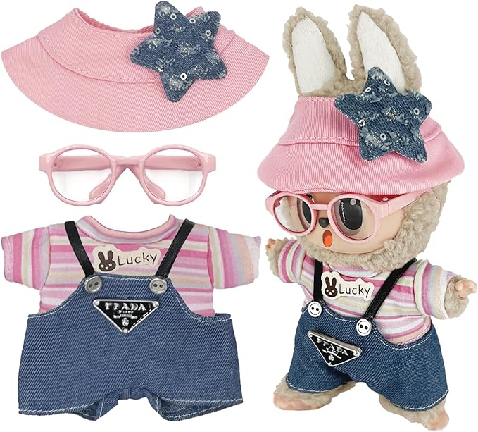 17cm Clothes Set (NO Doll) 4PC Set Hat Glasses Overalls for 17cm Accessories Suit, Doll Clothing for Trendy Blind Box，Cute Clothes for LBB Doll Dress up Unique Style,Free Combination (Pink)