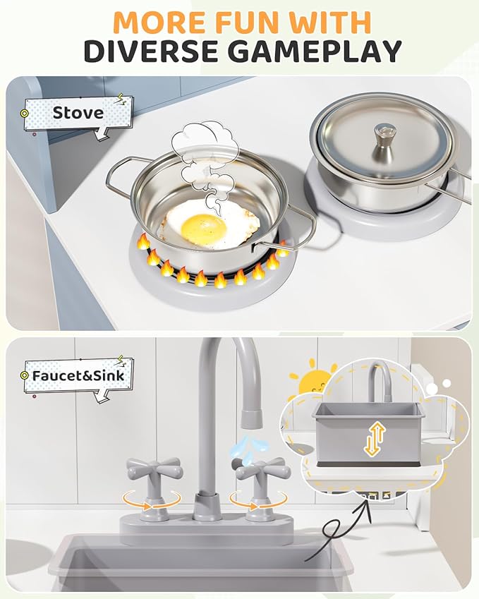 MAMIZO Kids Kitchen Playset with Ample Storage, Interactive Play Kitchen with Simulated Gas Cooker, Clicking Knobs, Sink, Faucet, 6 Pcs Cookware, Educational Clock for Toddlers (Blue)