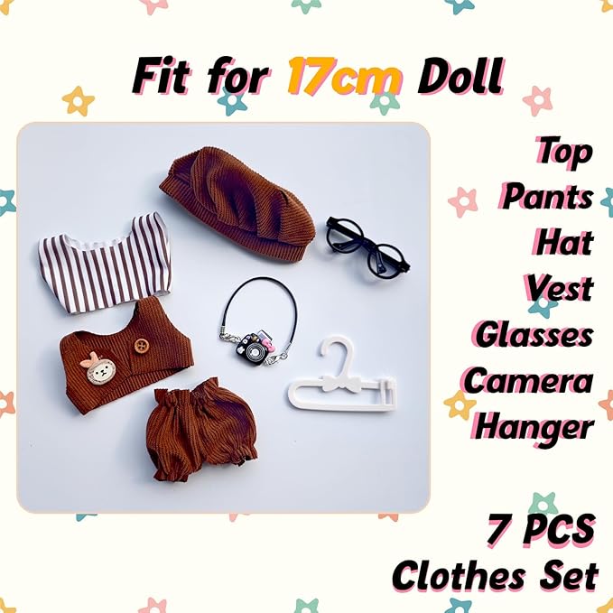 17cm Doll Clothes Set, Cute Boy Outfits for Clothes and Glasses, 7 PCS Cute Hat & Overalls Set Stylish Outfits Exquisite Accessories