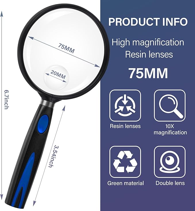 Feosky Handheld Reading Magnifier, 10X 30X Magnifier, 75mm Shatterproof Lens, Non-Slip Handle for Adults Close Work, Hobbies and Halloween & Cosplay(Blue/Black)
