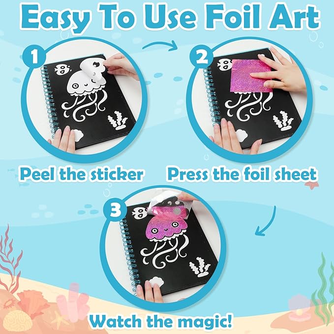 FUNNYB&G Foil Art Craft Activity for Kids - Gift for Girls Boys Crafts for Kids Fun Art Supplies DIY Creative Travel Toy, Birthday Gift Party Favor Toys for Girls Boys 4 5 6 7 8 9 Years Old(Ocean)