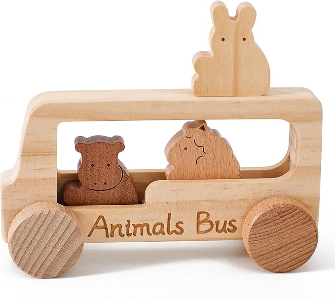 let's make Baby Wooden Toys Push Cars Animal Bus Toys Set Toddlers Developmental Grasping Toys Wooden Toys Gift for Kids Boys Girls Birthday Christmas