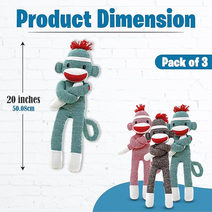 Adorable Sock Monkey Stuffed Animal - Pack of 3 - The Original Traditional Hand Knitted Plush Toy - Gift for Kids, Girls Boys Doll Present Puppet (20" Green, Pink, Brown)