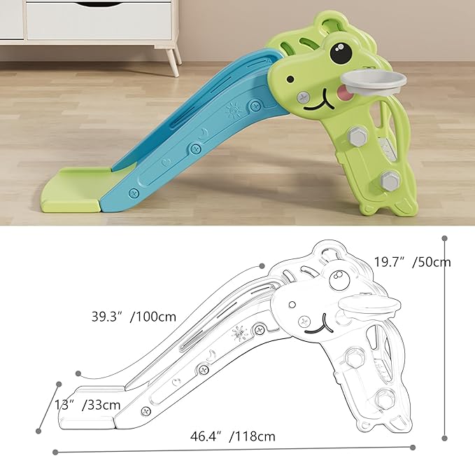 Toddler Slide, Green Playful Style, Kids Slide Playset with Ball & Hoop, Non-Slip Steps, Indoor Outdoor, 1-3 Years