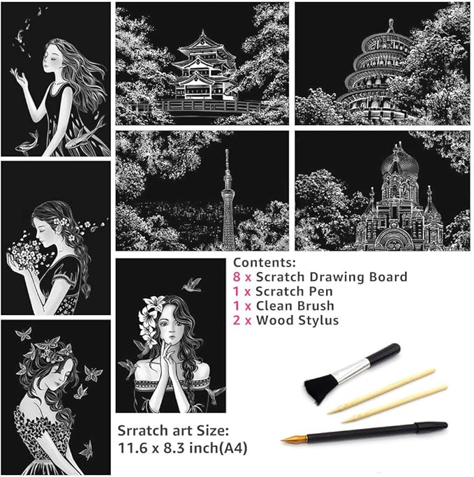 Scratch Art for Kids & Adult, Magic Rainbow Flower Engraving Painting Paper, Landscape Scratchboard(A4) Sketch Beautiful Crafts Set: 8 Sheets with 4 tools - Drawing Pens, Cleaning Brush(Girl / Sakura)