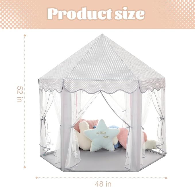 Princess Castle Tent for Girls Fairy Play Tents for Kids Blue Hexagon Playhouse with Fairy Star Lights Toys for Children or Toddlers Indoor or Outdoor Games (Grey Princess Tent)