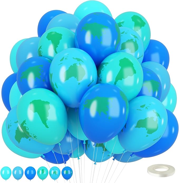 Earth Balloons Set, 12inch Blue and Green Balloons, Global Balloon Blue Green Teal World Map Printed Latex Balloon for Travel Theme Space Theme Party Earth Day Decoration Teaching Supplies