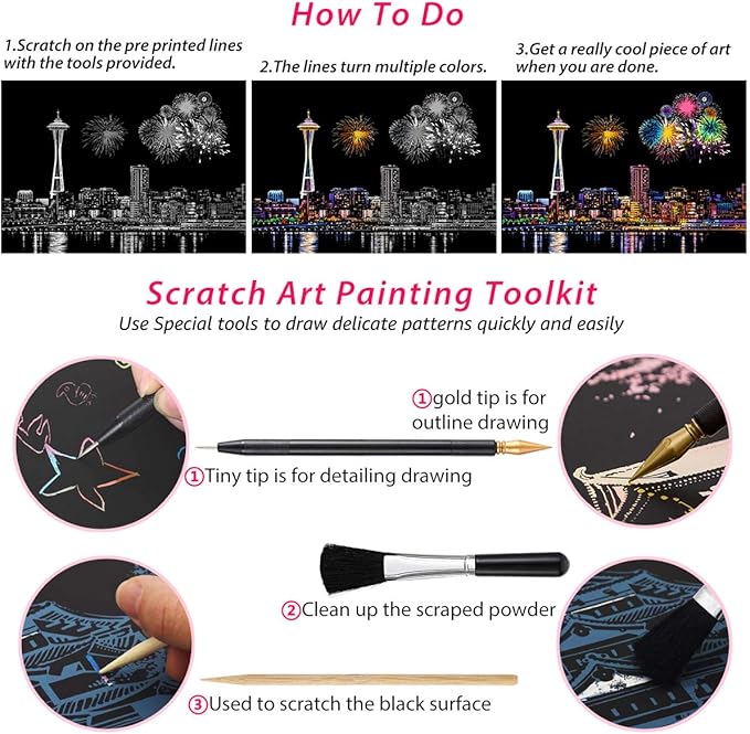 Rainbow Scratch Art Painting Paper (A4) for Adult & Kids, Night View Scratchboard, Engraving Art Set: 4 Sheets Scratch Cards & Clean Brush, Drawing Pen (Eiffel Tower/Big Ben/Moscow/Burj Khalifa)