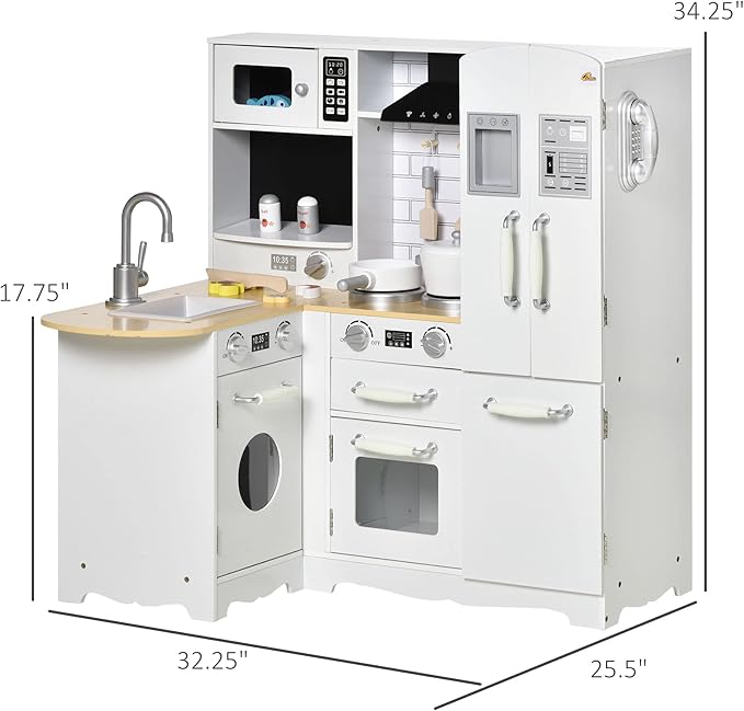Qaba Pretend Play Corner Kitchen, Interactive Wooden Kids Play Kitchen w/Realistic Sounds, Telephone, Refrigerator, Oven, Microwave, Gift for Toddlers Aged 3+